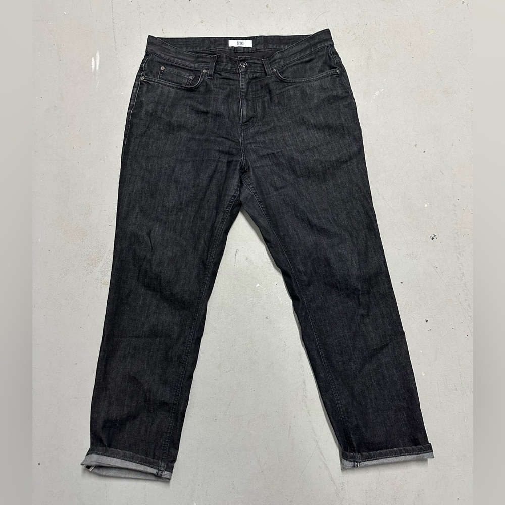 Spoke Original Jeans Mens Size 35 Build C 12oz Black Denim Slim Taper London